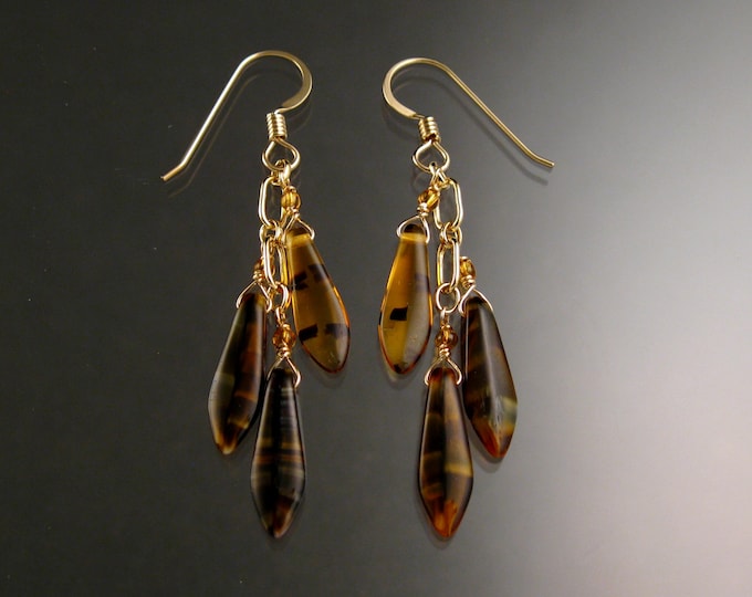 Czech Glass "Dagger " and 14k Gold-filled Earrings Tiger-eye and Tortoise shell brown colors