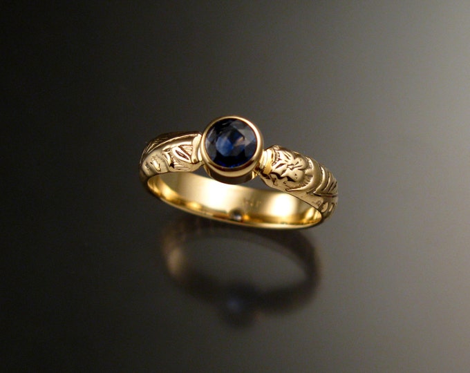 Sapphire Wedding ring 14k Yellow Gold Natural Electric blue Victorian floral pattern bezel set stone ring made to order in your size