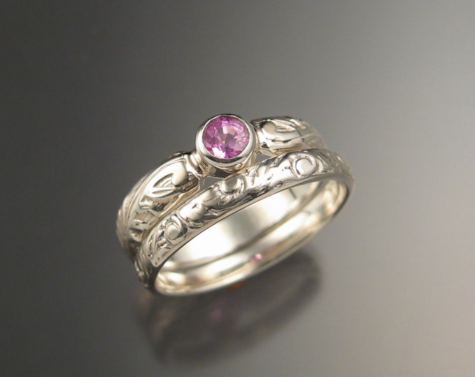 Pink Sapphire diamond substitute Victorian floral band Wedding set Engagement ring set made to order in your size in 14k white gold