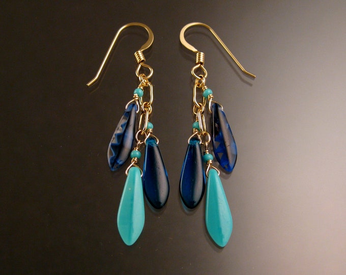 Czech Glass "Dagger " Earrings Iridescent blue and Turquoise Gold Filled