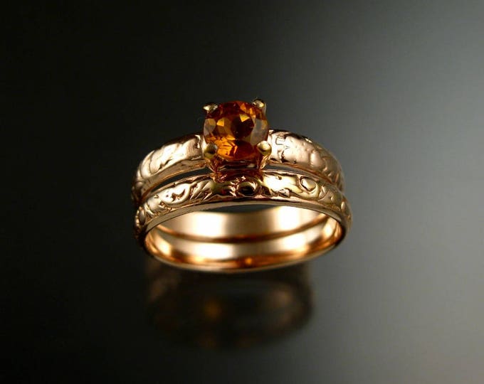 Citrine Wedding set 14k rose Gold Topaz substitute November Birthstone Victorian Floral Pattern two ring set made to order in your size