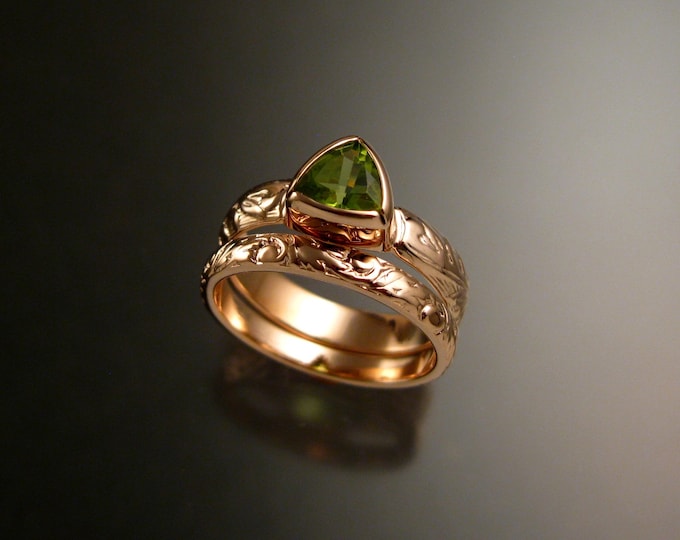 Peridot Triangle ring 14k Rose Gold Victorian bezel set stone two ring set made to order in your size