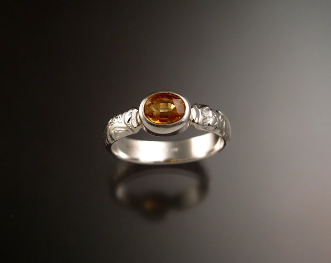 Orange Garnet and Sterling Silver Natural Mandarin Garnet victorian floral pattern band with bezel set stone ring made to order in your size