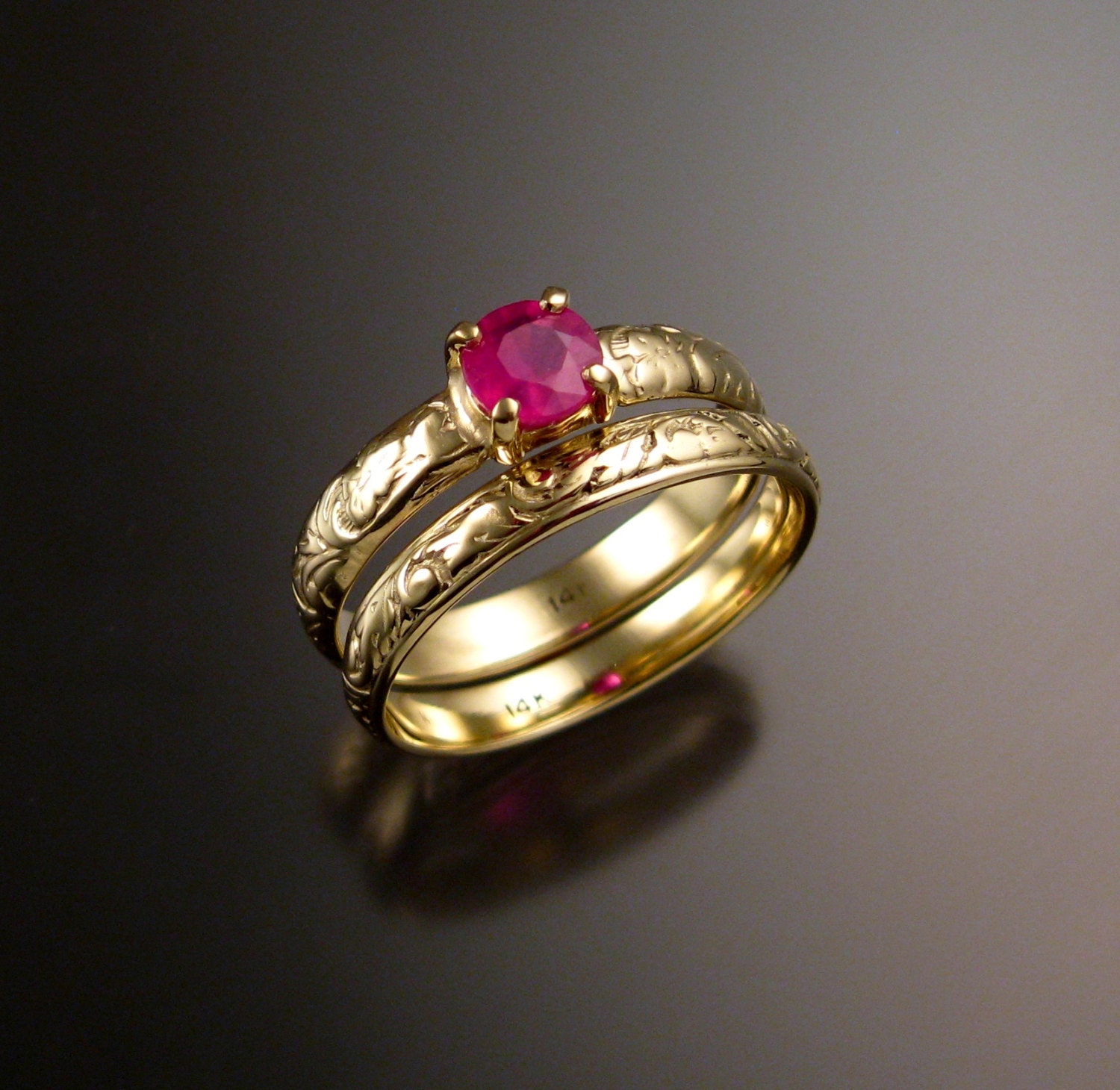 Ruby Wedding ring set 14k Green Gold rings made to order in your size
