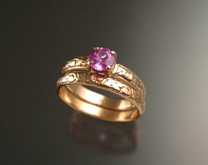 Pink Sapphire 14k rose gold 5.5mm round Natural stone pink diamond substitute Victorian Wedding set made to order in your size