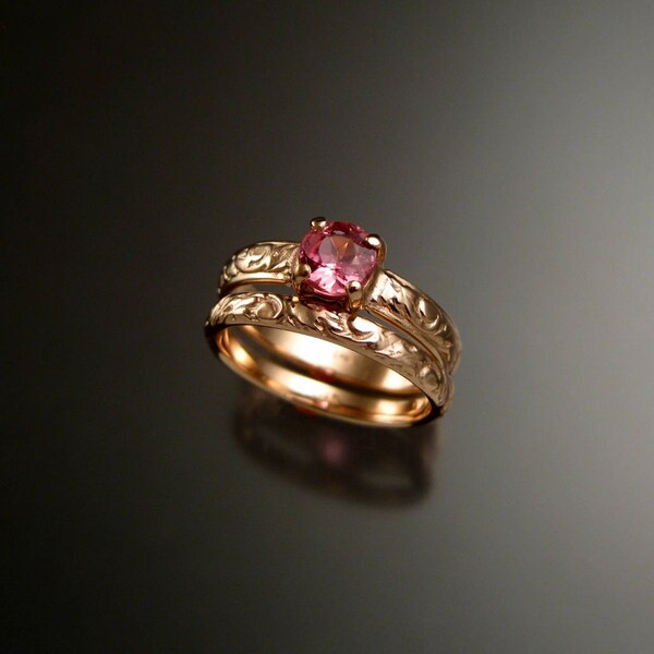 Pink Tourmaline wedding ring set 14k Rose Gold Victorian floral pattern engagement rings