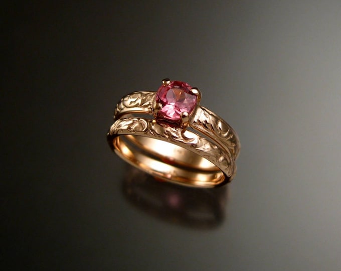 Pink Tourmaline wedding ring set 14k Rose Gold Victorian floral pattern engagement rings