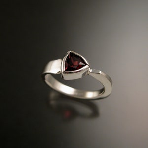 Garnet triangle ring 14k white Gold bezel set Stone Asymmetrical setting made to order in your Size