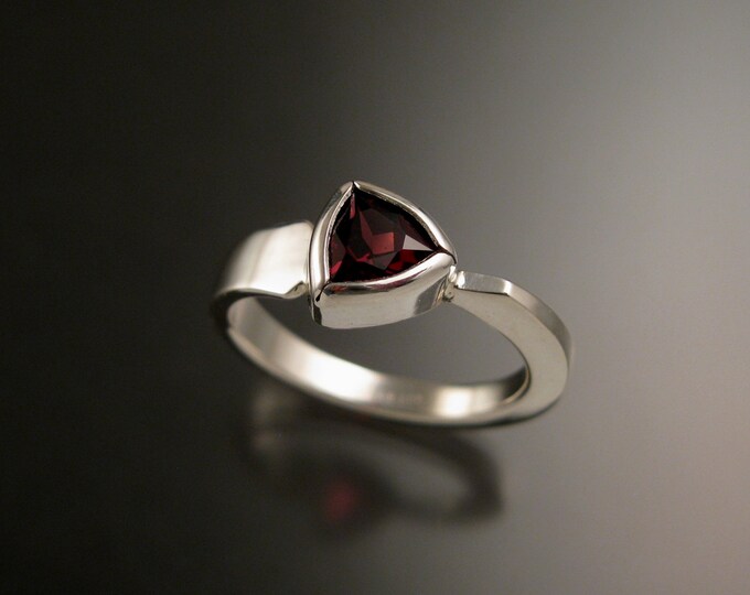 Garnet triangle ring 14k white Gold bezel set Stone Asymmetrical setting made to order in your Size