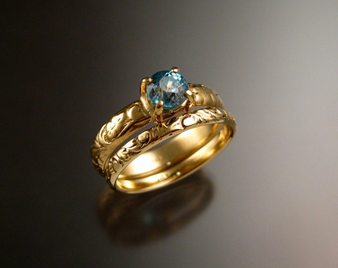 Blue Zircon 5.5mm round Wedding ring set 14k Yellow Gold blue Diamond substitute rings made to order in your size