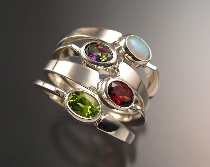 Stackable Mothers Birthstone ring set of Four asymmetrical Sterling silver rings handmade to order in your size with natural stones