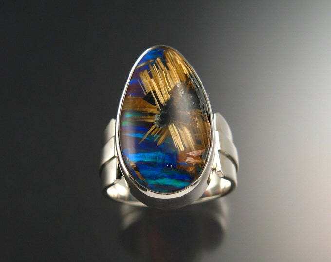 Rutilated Quartz and Blue Lab Opal Doublet ring Extra large size 13 Sterling Silver handmade statement ring