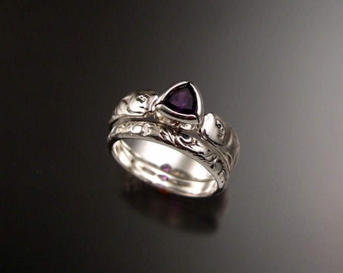 Amethyst Wedding set 14k White Gold 5mm triangle stone Victorian floral pattern ring handmade to order in your size