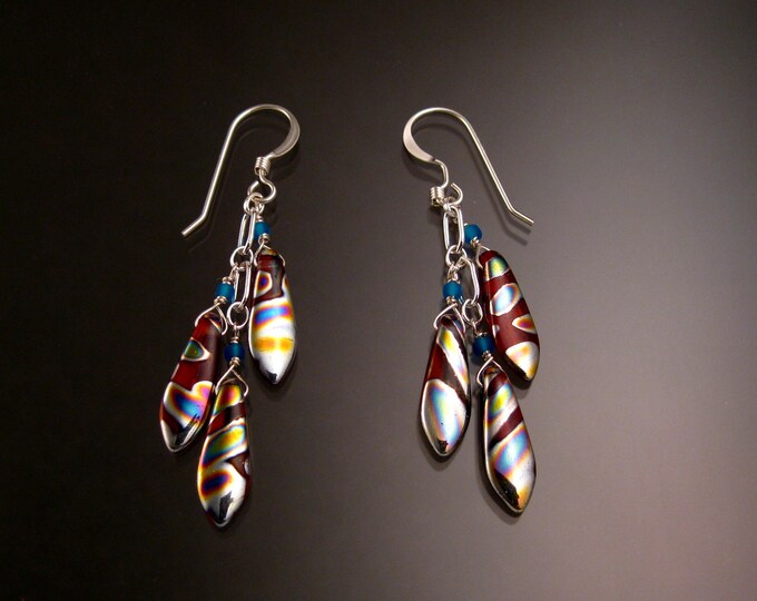 Czech Glass "Dagger " and Sterling Silver Earrings Wavy pattern red