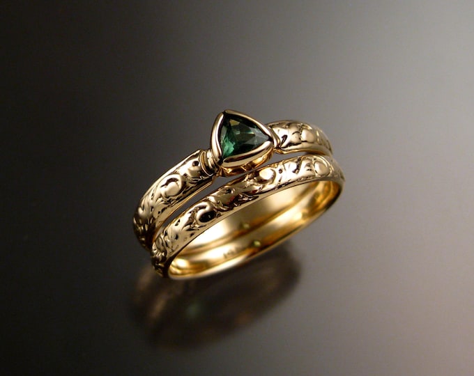 Tsavorite Garnet Triangle two ring Wedding set 14k Yellow Gold Victorian bezel set Tsavorite Garnet ring made to order in your size