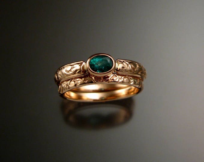 Emerald Wedding ring 14k rose Gold Victorian bezel set stone two ring set with 4x5 mm oval stone made to order in your size