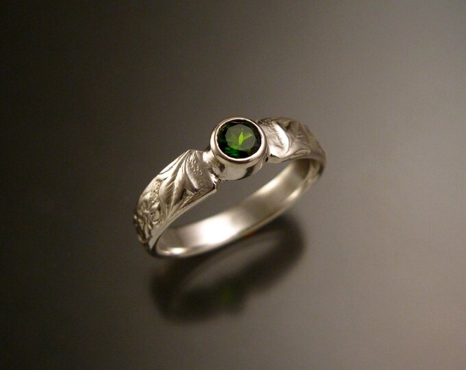 Chrome Diopside Sterling Silver Victorian flower and vine pattern bezel set ring made to order in your size