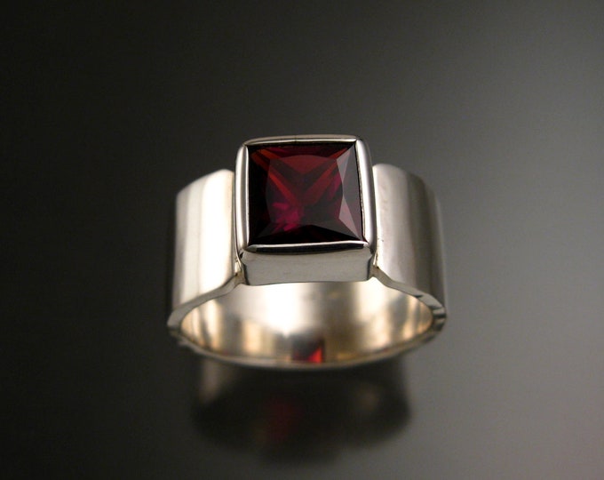 Garnet Ring Sterling Silver wide forged band Red Square stone bezel set made to order in your size