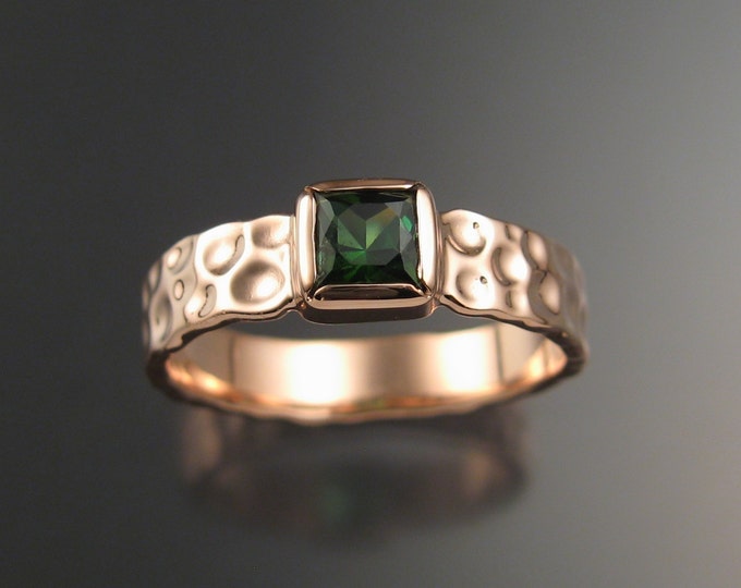 Green Tourmaline square Moonscape ring Emerald substitute 14k rose gold ring handcrafted in your size