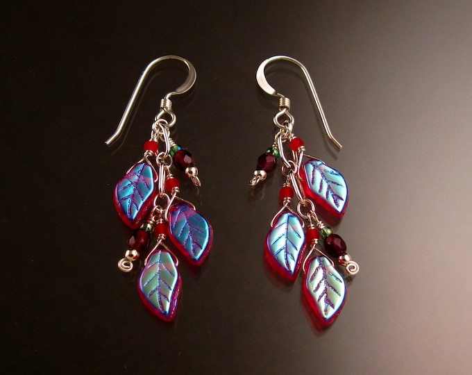 Czech Glass "Leaves" and Sterling Silver Earrings Red