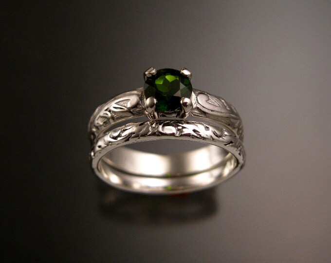 Chrome Diopside Wedding two ring set 14k White Gold Victorian Wedding rings 6mm stone made to order in your size