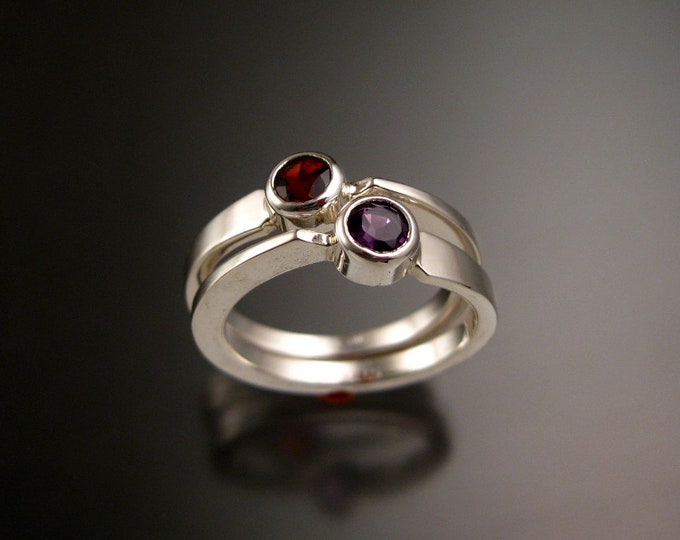 Stackable Mothers Birthstone ring set of Two asymmetrical 4mm round Sterling silver rings made to order in your size with natural stones
