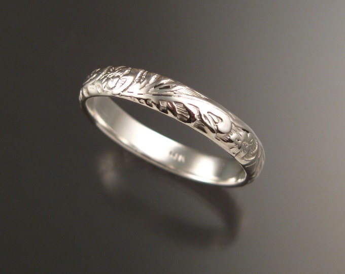 14k White Gold 4mm Floral pattern Band wedding ring made to order in your large size Victorian wedding band