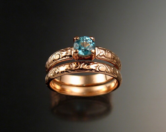 Blue Zircon Wedding set 14k Rose gold Blue Diamond substitute pink gold rings made to order in your size
