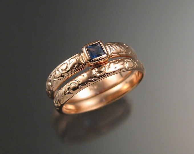 Sapphire Square cut Cornflower blue Wedding set 14k Rose Gold Victorian bezel set  ring made to order in your size