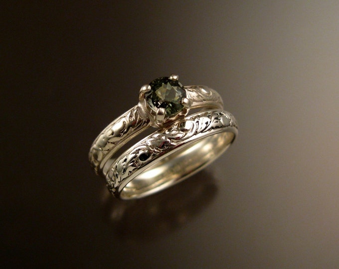 Green Sapphire Wedding set 14k White Gold Green Diamond substitute Victorian ring made to order in your size
