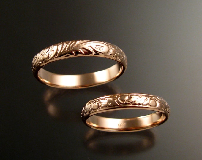 Rose Gold Floral pattern Band His and Her's 14k wedding set made to order in your size Victorian two ring wedding bands