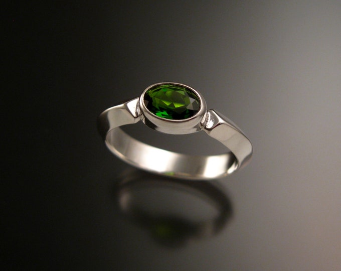 Chrome Diopside 14k White Gold triangular band ring with bezel set east west stone Emerald substitute ring handmade to order in your size