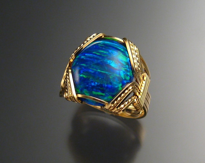 Deep Blue Lab created Opal ring, 14k Gold-filled Wire wrapped in Your Size