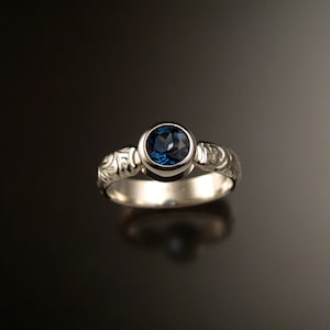 London Blue Topaz ring 6mm round bezel set Victorian floral pattern band made to order in your size