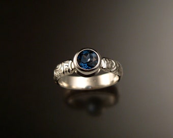 London Blue Topaz ring 6mm round bezel set Victorian floral pattern band made to order in your size