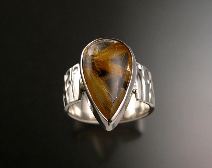 Rutilated Quartz Sterling Silver wide tapered Bars and craters band large pear shaped stone ring size 7