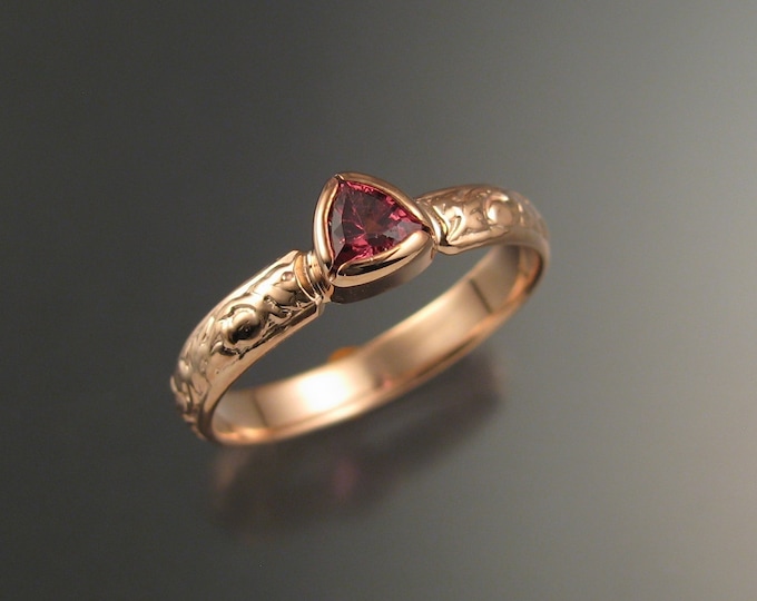 Pink Tourmaline trillion cut Victorian Engagement ring 14k Rose gold bezel set pink gold wedding ring