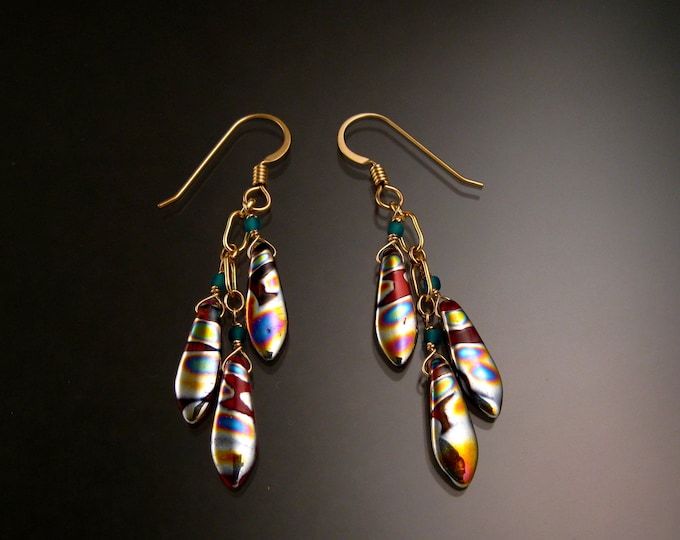 Czech Glass "Dagger " and 14k Gold-filled Earrings Wavy pattern red