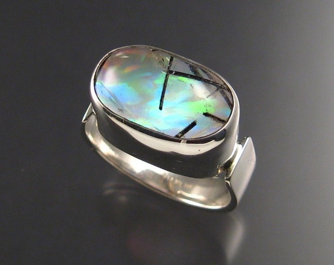 Tourmalated Quartz / lab Opal doublet men's ring, Sterling