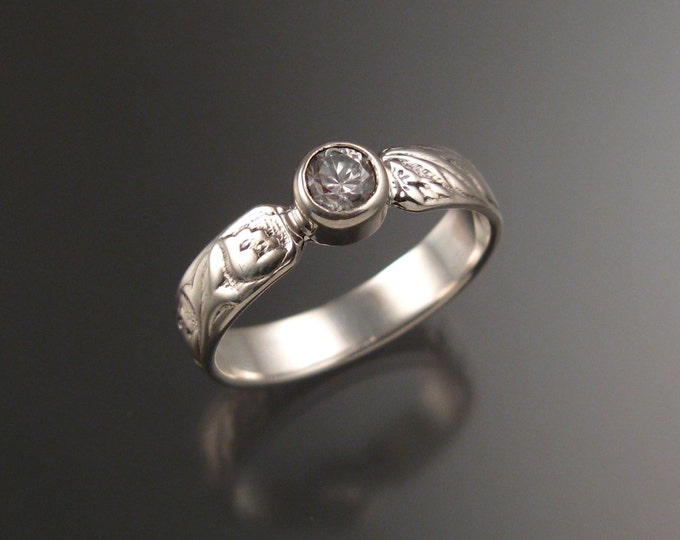 White Sapphire Grooms 14k White Gold flower and vine pattern Natural wedding ring made to order in your size Victorian Diamond substitute