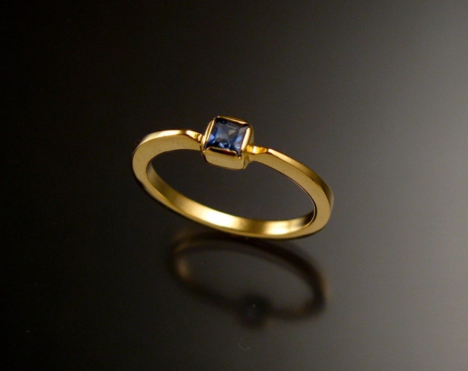 Sapphire 3.5mm square stone ring 14k Yellow Gold and natural deep blue Sapphire stacking ring Made to order in your size