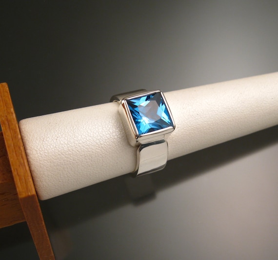 Blue Topaz Large Square Stone Sterling Silver Ring Handmade to