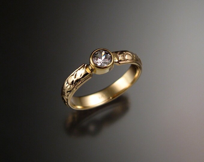 White Sapphire Wedding ring 14k Yellow Gold Victorian bezel set Diamond substitute ring with 4mm round stone made to order in your size