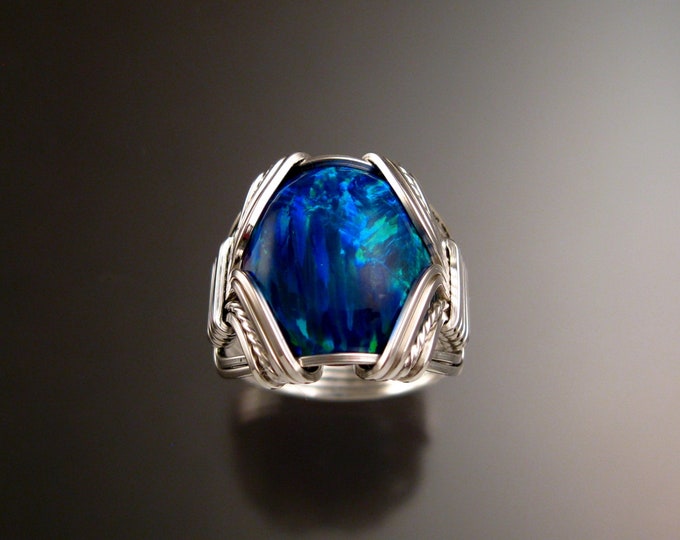 Deep blue Lab created Opal ring handcrafted in Sterling Silver made to order in your size