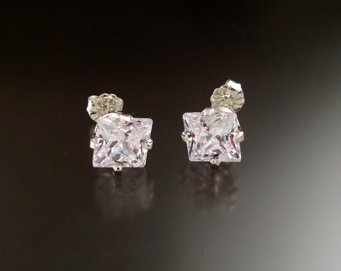 Cubic Zirconia White Square Post Earrings Sterling Silver very large scissors cut Square Diamond substitute Cubic Zirconium