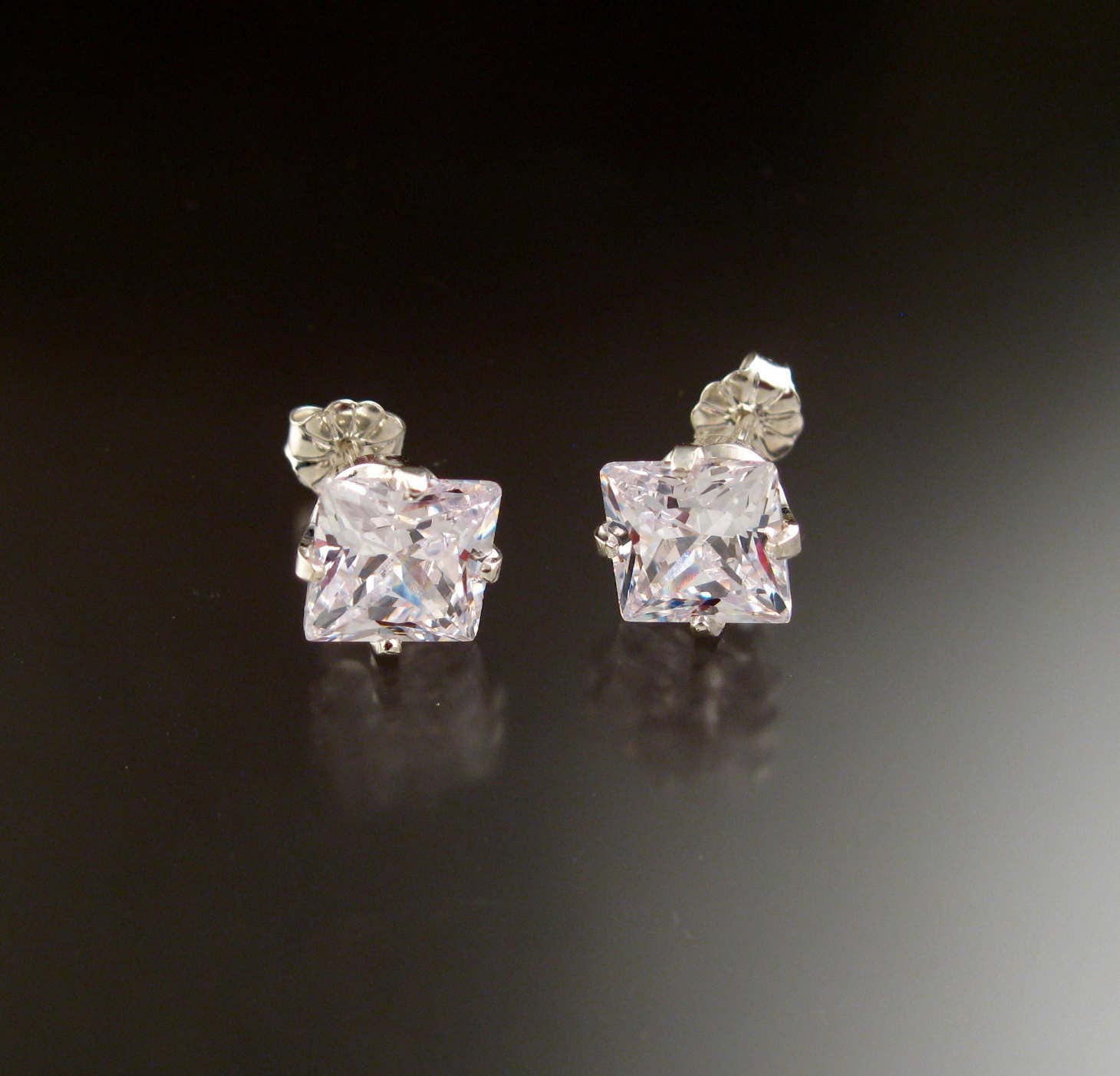 Cubic Zirconia White Square Post Earrings Sterling Silver very large