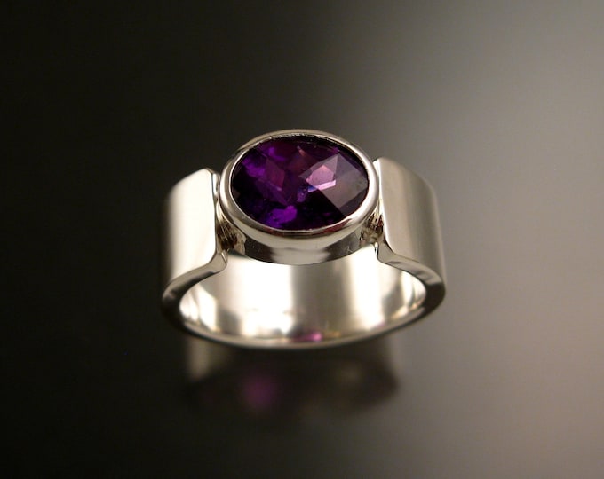 Amethyst ring large Checkerboard cut Oval ring made to order in your size sturdy silver band ring