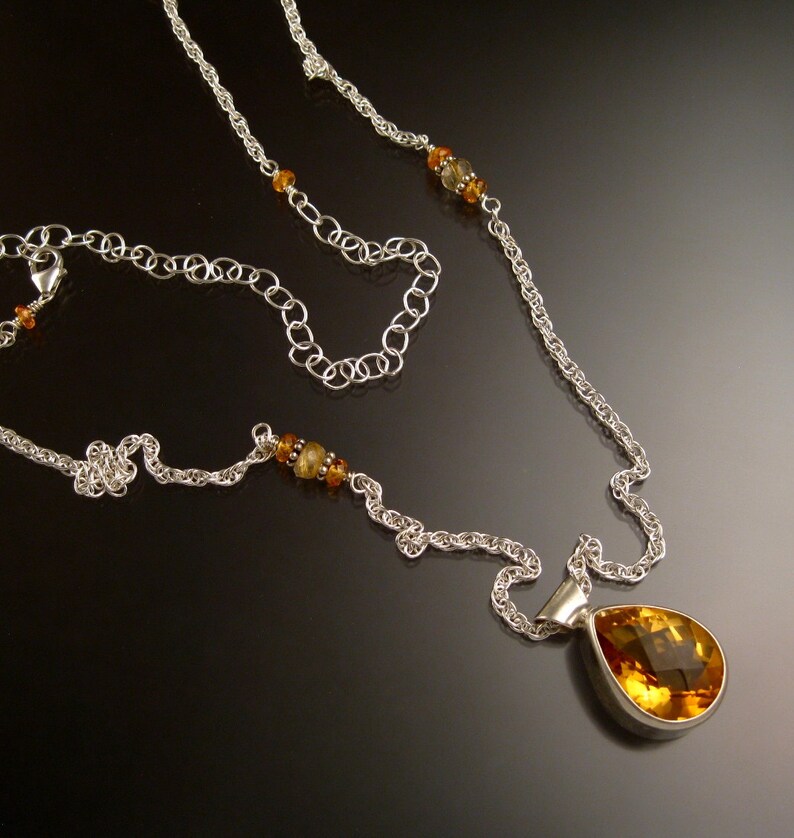 Citrine adjustable length necklace handmade in Sterling silver with bezel set stone checkerboard cut pear shaped drop image 2