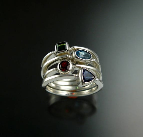 Stackable Mothers Birthstone Ring Set of Four 14k White Gold Birthstone Stacking Rings Made to Order in Your Size Etsy Canada