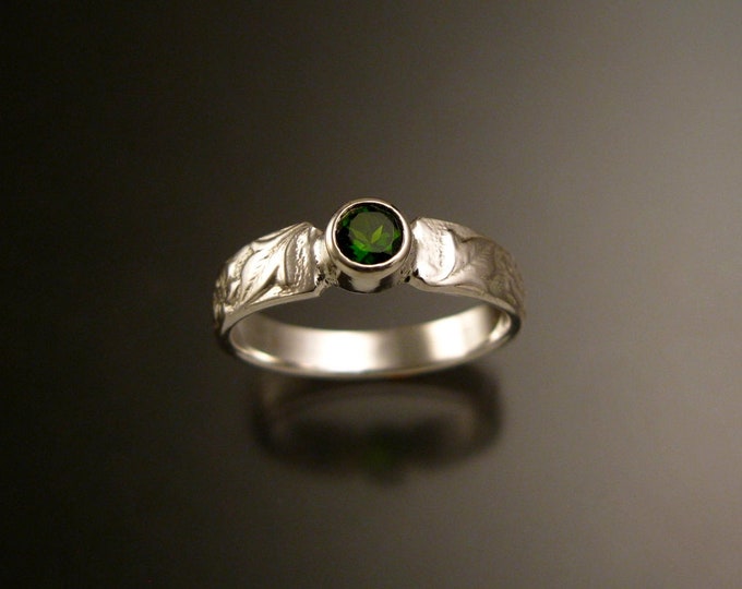 Chrome Diopside 14k white Gold Victorian flower and vine pattern bezel set ring made to order in your size